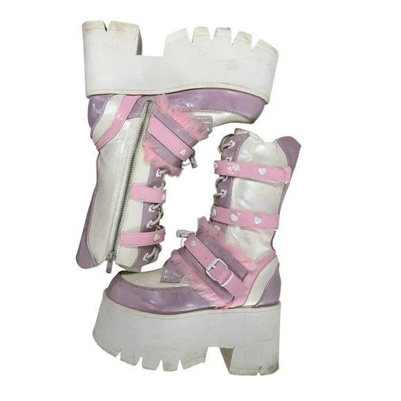 Demonia Ashes-120‎ holographic patent chunky platform boots women size 8 Pink - Picture 9 of 12